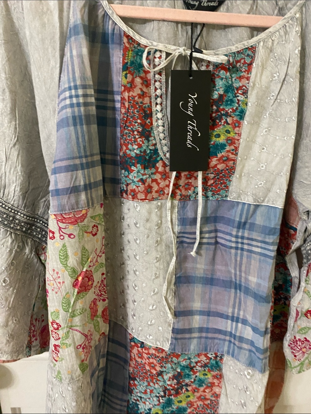 Boho Patchwork Tie-Front Blouse - Multi